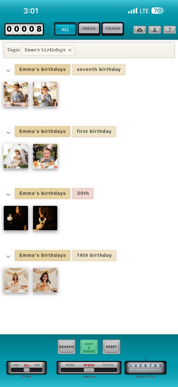Photo Flashlight search results for the tag “Emma's birthdays,” grouped into separate birthday sets